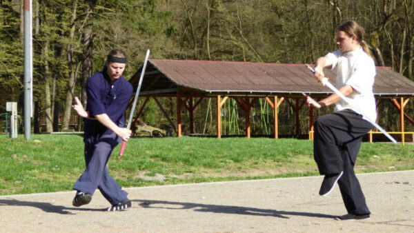 Individuální výuka tai chi s mečem - dva muži s mečem cvičí tai chi